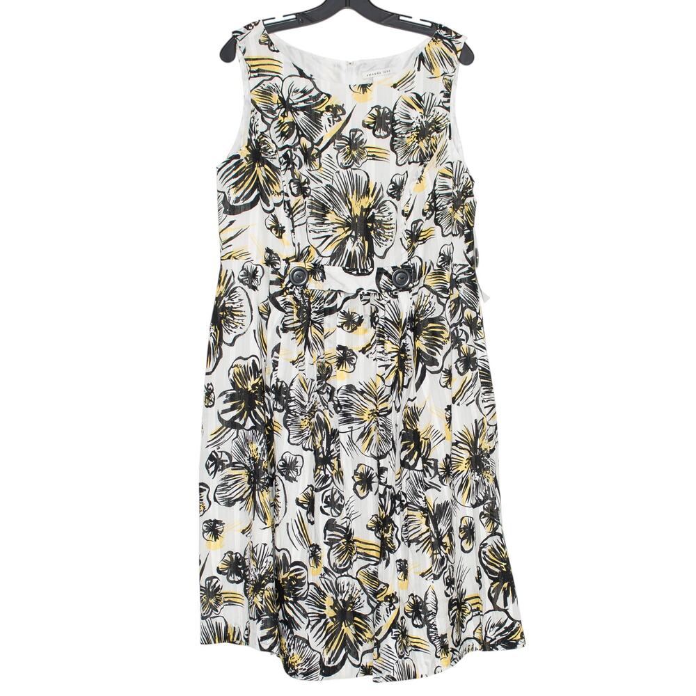 NWT Amanda Lane Dress Cottage Coastal Quiet Luxury Retro Floral White Yellow 14W